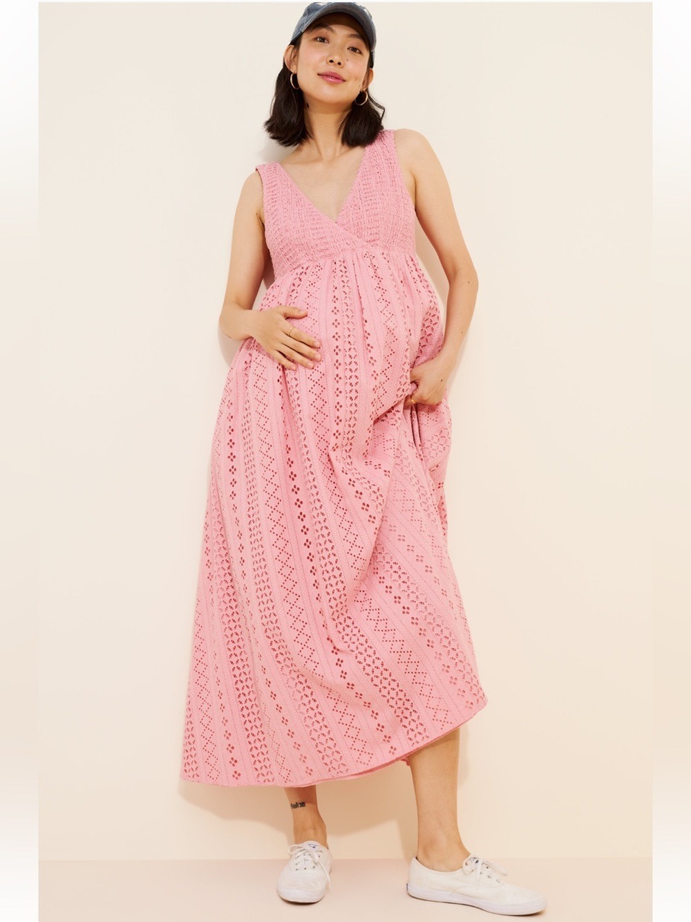 Maison Amory Maternity Sleeveless Eyelet Maxi Dress Pink Cotton Crocheted Sz S